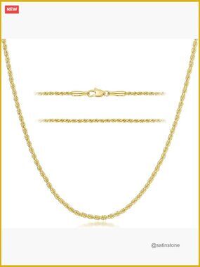 14k Gold Plated Rope Chain Necklace Non-Tarnish Lobster Clasp